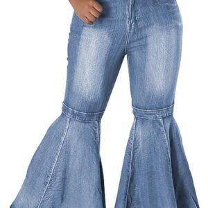 Women Bell Bottom Jeans High Waisted Flared Ruffle Hem Denim Pants Casual